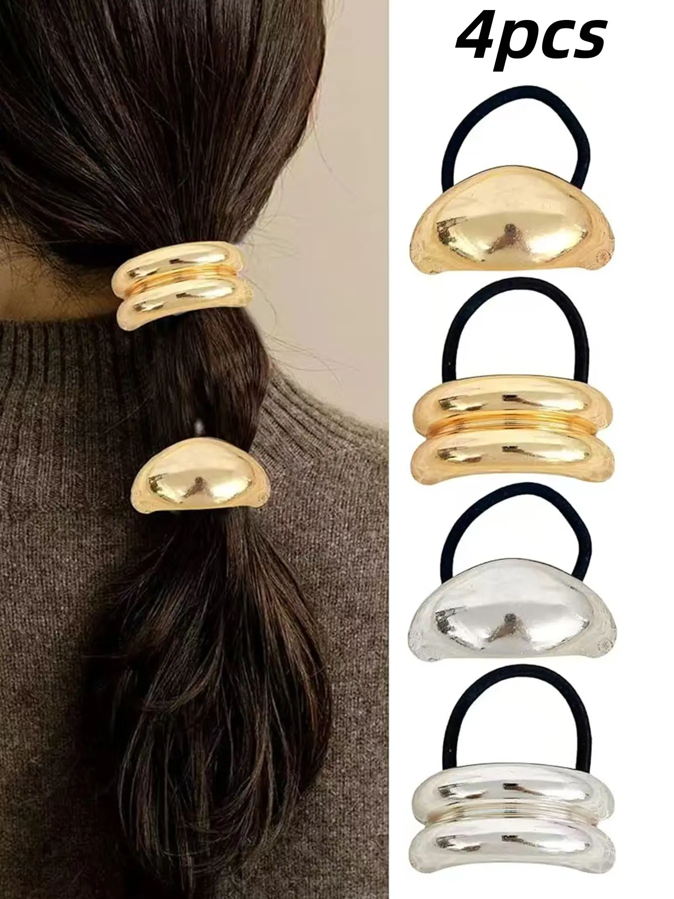 Metal Ponytails Hair Cuffs & Silver Color Ties, Hair Scrunchies, Geometric Elastic Fashion Glossy Arch Accessories for Women, Fashionable Hair Accessories, 4pcs Set