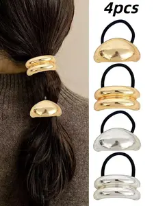 Metal Ponytails Hair Cuffs & Silver Color Ties, Hair Scrunchies, Geometric Elastic Fashion Glossy Arch Accessories for Women, 4pcs Set