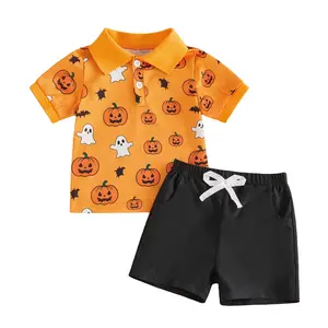 Babamoon Kids Toddler Baby Boy Halloween 2Pcs Outfits Set Short Sleeve Pumpkin Ghost Print T-Shirt Shirt Shorts Set Toddler Clothes