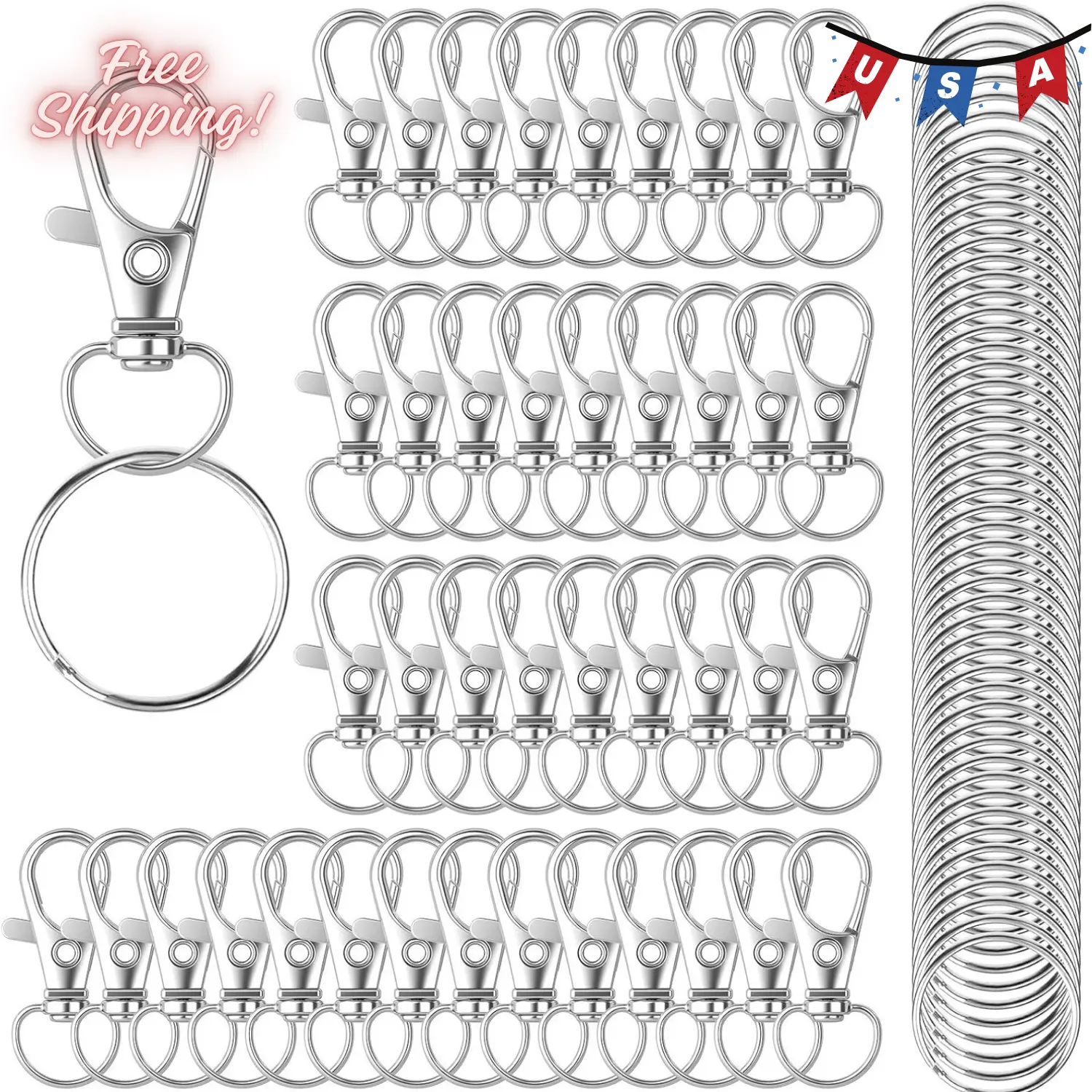 100PCS Keychain Hooks with Key Rings (Silver)