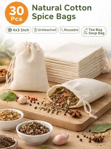 30PCS Natural Cotton Spice Bags 4x3 Inch – Reusable Muslin Drawstring Bags for Cooking, Tea, Soup Straining, Herb Sachets