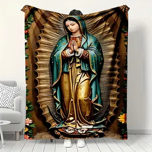 1pc Virgin Mary Print Blanket - Soft Flannel Religious Iconic Image Throw Suitable for Travel, Camping, Bedspread - Machine Washable All-Season Cozy Gift for, Mothers, Christmas, Valentine's Day