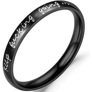 FINREZIO 1 Pc Black Silvery Stainless Steel Thumb Ring for Women Men Stackable 'Keep Going' Inspirational Graduation Ring Jewelry Daily Encouragement Gift