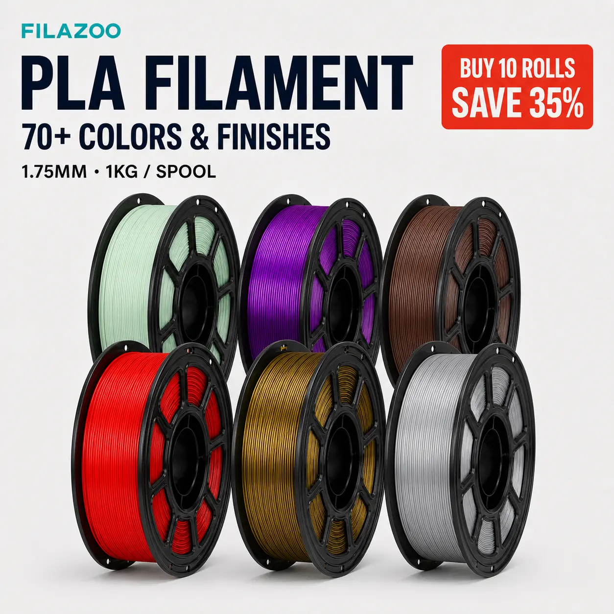 FILAZOO PLA 3D Printer Filament 1.75mm, 1KG Spool, Basic, Macaron Pastel, Silk Metallic and Wood PLA, Smooth Feeding for FDM Printers