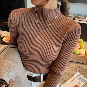 Women Long Sleeved Turtleneck Sweater Harajuku Pullover Women Knit Sweater Slim Elastic Korean Simple Basic Jumper Solid Tops(Sheets)