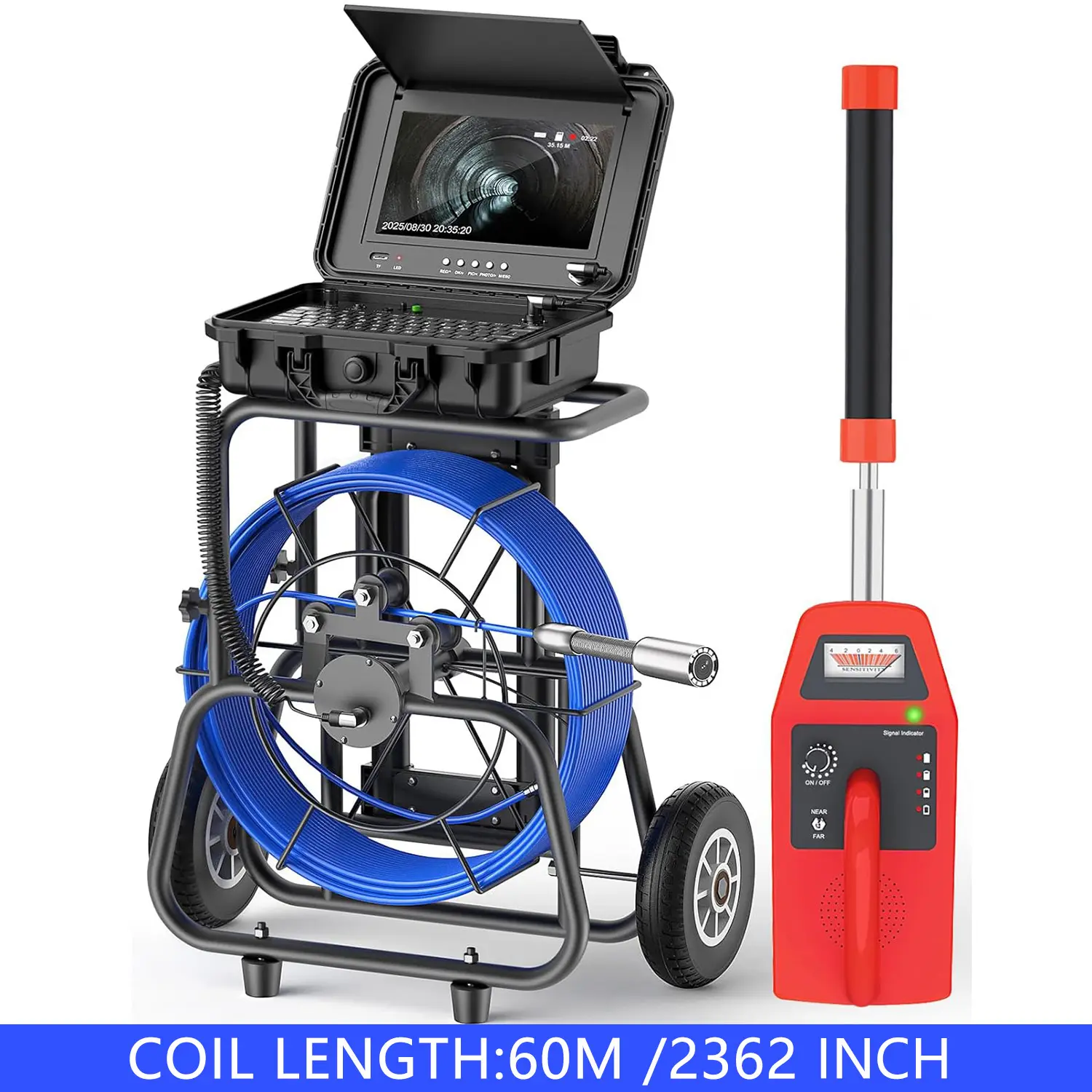 Sewer Camera with Locator, Self-Leveling Pipe Inspection Camera with Distance Counter, 7mm Cable Reel, 10” HD Monitor DVR, Plumbing Cam with Wheels, Pull Handle & Keyboard
