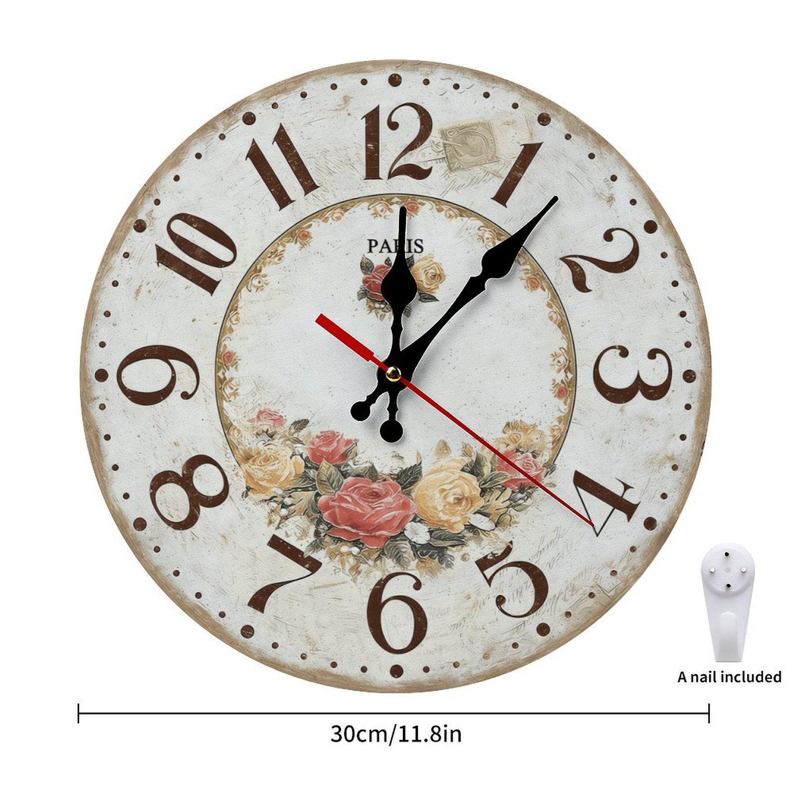 12 Inch Vintage Paris Rose Wooden Wall Clock | Silent Sweep Movementn Shabby Chic French Decor, No Battery Included, Perfect for Living Room, Bedroom, Bathroom