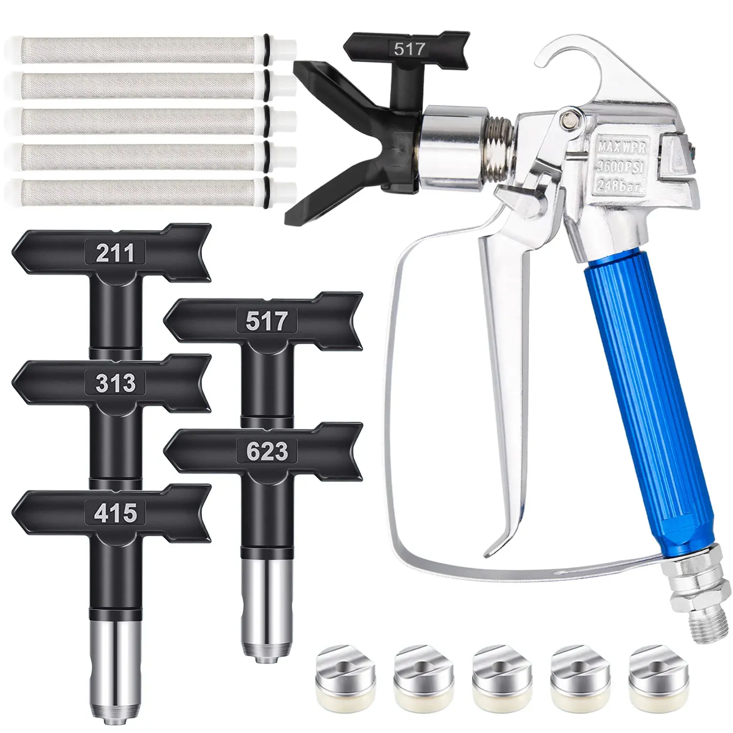 12 Pcs Airless Paint Sprayer Gun With Nozzle Guard Spray Tips And Airless Paint Spray Gun Filter For Airless Spraying Machine Paint Accessories Paint Spraying Tool (211, 313, 415, 517, 623)