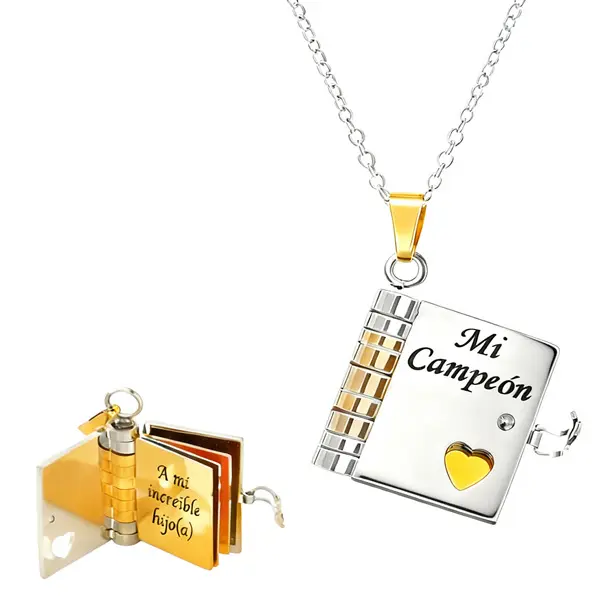 Mini Book Locket Pendant Necklace, 2-Tone Titanium Steel, Engraved Spanish Letter Heart Costume Jewelry Gift For Family
