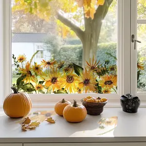 Autumn Sunflower Bee Lemon Glass Window Sticker, High Transparency Dual-Sided Static Adhesive, Easy Peel & Cut, Suitable for Living Room Bedroom Door Windows