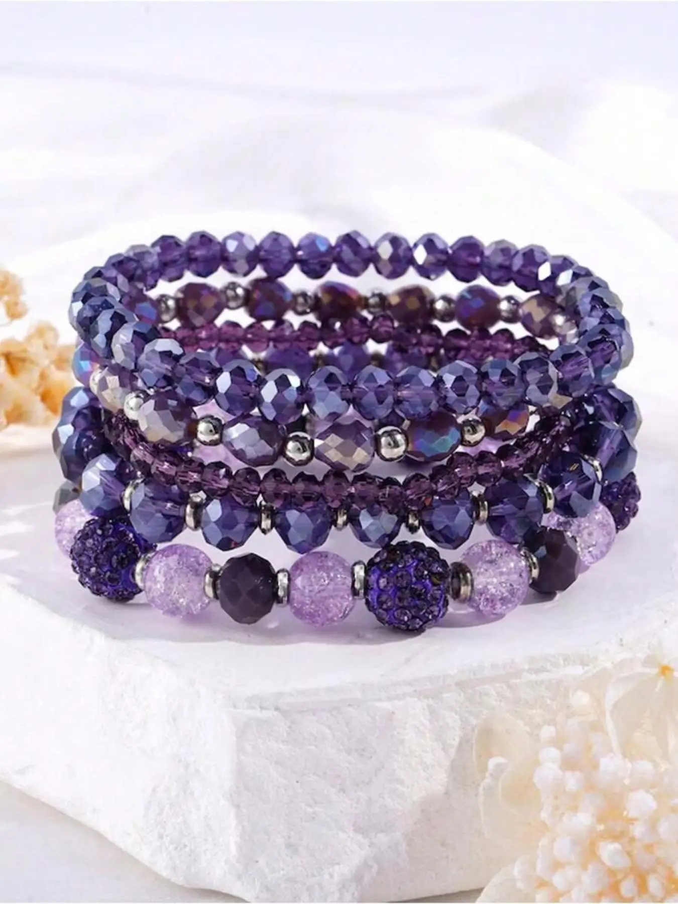 5pcs Purple Amethyst Artificial CrystalBracelet, Bead Bracelet, Purple Stretch Bracelet Stack, stackable bracelets, Stacked Bracelets, Inner Peace Healing Bracelet For Him Her,Birthday Gift, For Daily Wear, Stacking Bracelet