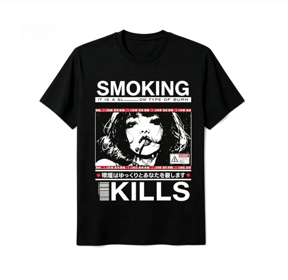 Smoking Kills Retro Manga Style Graphic T-Shirt, Cotton Tee