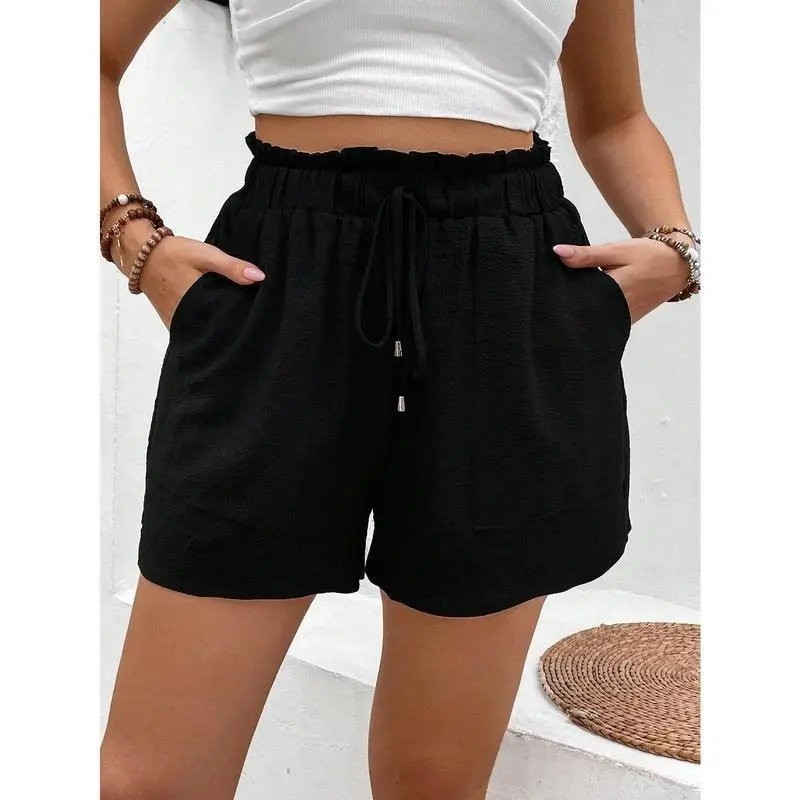 Plus Size Vacation Casual Solid Color Paper Bag Waist Shorts