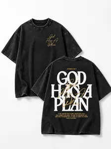 Unisex Washed Vintage "GOD HAS A PLAN" Bible Verse Print Casual Oversized T-Shirt |   Y2K Religious Faith High Street American Retro Streetwear Top,Men's,Grunge