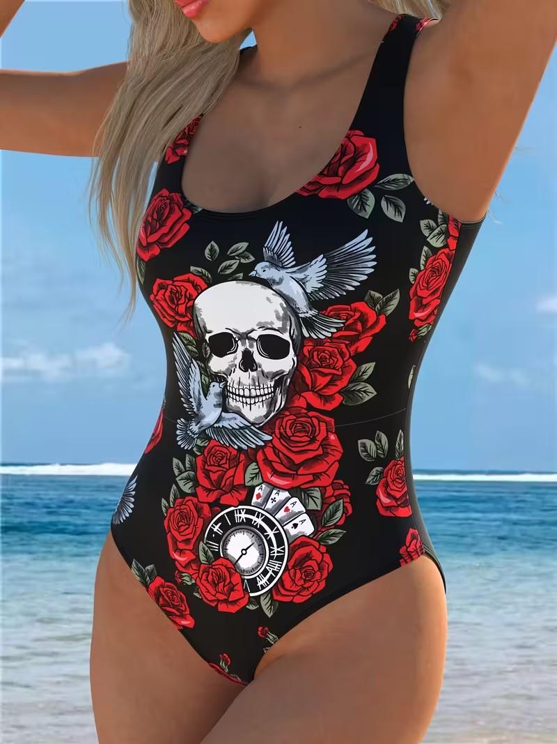 Women's Vibrant One-piece Swimsuit with Skull Print - Sporty yet Chic, High-stretch Polyester/spandex Blend, Removable Padding, Machine Washable