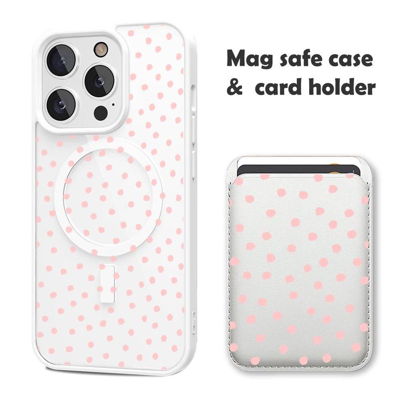 Pink Polka Dots Clear MagSafe Compatible Phone Case & Card Holder Wallet Magnetic Shockproof Cover for iPhone 17 /16 Pro Max Cases for Samsung S25 Black
