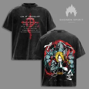 Edward & Alphonse Fullmetal Alchemist Vintage Washed Oversized T-Shirt, Double Printed Heavy Cotton Anime Tee, Manga Streetwear Graphic Top for Otaku Fans