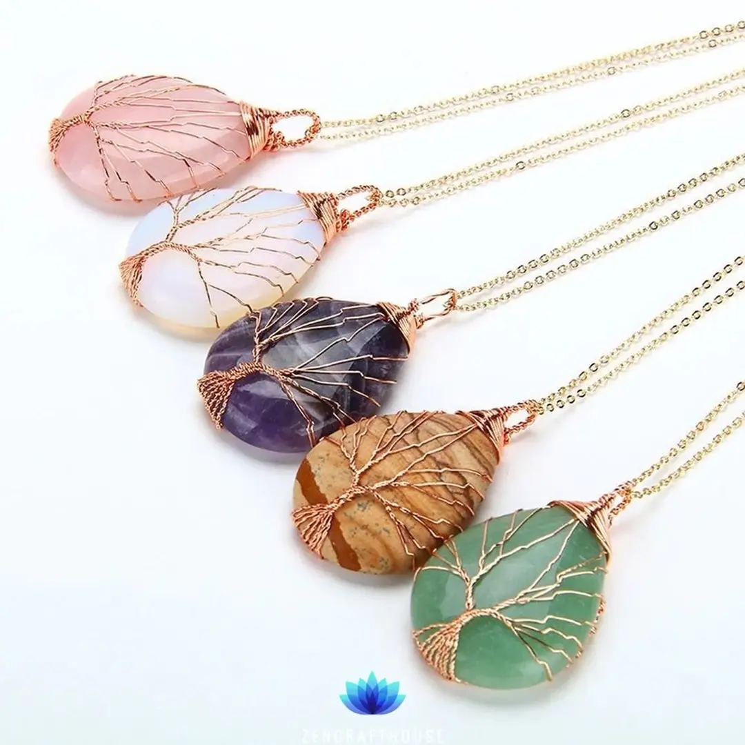 Eternity Tree of Life Necklace - 6 stone variants, Tree of Life Pendant, Turquoise Necklace, Tiger Eye Necklace, Rose Quartz Necklace, Green Aventurine Necklace, Opal Necklace, Amethyst  Necklace, Natural Stone Jewelry, Copper Wire Wrap Necklace