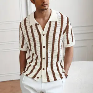 Men's Striped Crochet Button Down Shirts Hollow Out Half Sleeve Collared Knit Tops