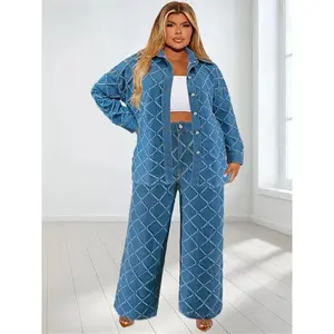 Plus Size Denim Two Piece Sets for Women Fall Clothing Printed Long Sleeve Top & Pants Elegant Matching Suits Comfortable Stylish Bra Womenswear