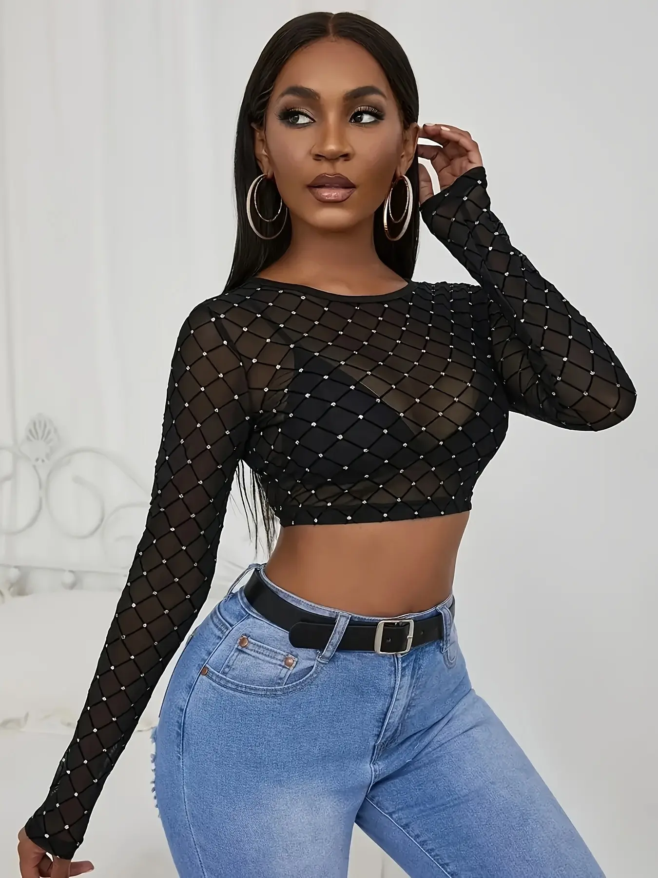 Sexy Rhinestone Fishnet Long Sleeve Crop Top, Glitter Mesh See-Through Shirt, Nightclub Party Streetwear, Y2K Fashion, E-Girl Trendy Women's Clothing, Womenswear
