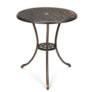 Rust-Proof Cast Aluminum Patio Table, 24" Round Outdoor Bistro Dining Table with Umbrella Hole, Durable Vintage Outdoor Furniture, Ideal for Balcony, Poolside, Garden, Porch and Backyard