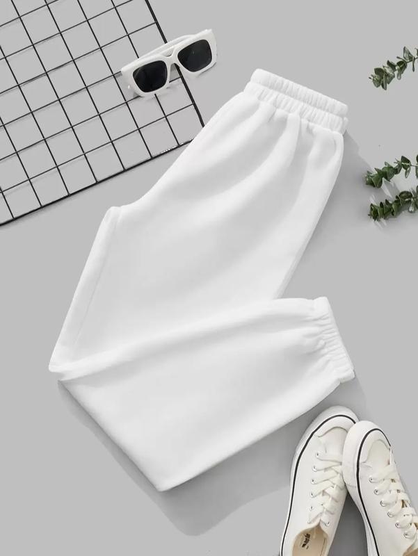Women Solid Elastic Waist White Sweatpants Graduation,Back To School Outfits,Graduation,Teacher Outfits For Women,Back To School