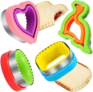 HINZER 4-Piece Sandwich Cutter and Sealer Set - Heart, Square, Circle, Dinosaur Shapes - Stainless Steel & PP Plastic - DIY Cookie Cutters for Kids & Adults - Perfect for Lunch Boxes & Bento Boxes
