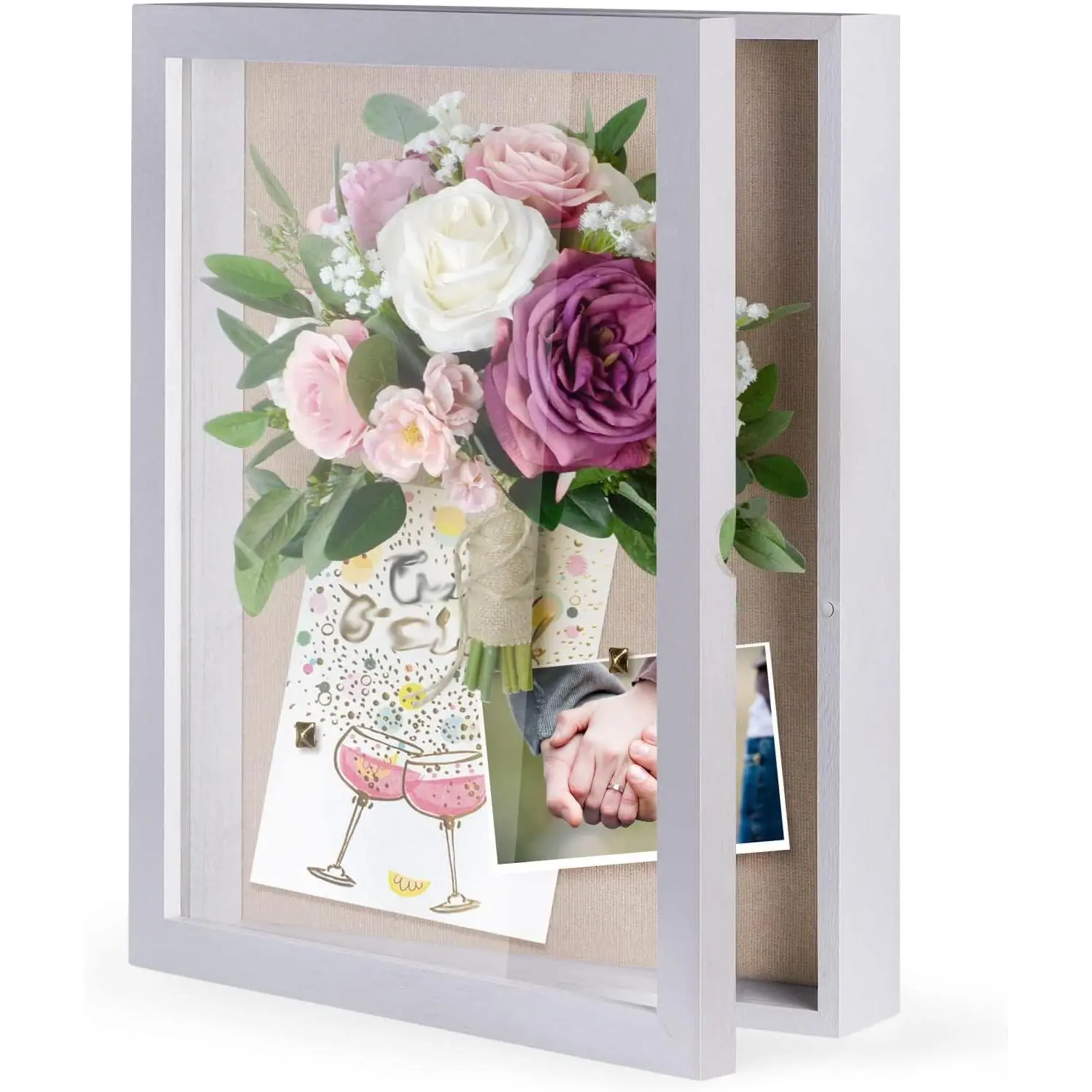 11x14 Shadow Box Frame Memory Box Flower Shadow Box Display Case with Linen  Glass  Door for Memorabilia Awards Medals Photos Rustic White Wall and Tabletop