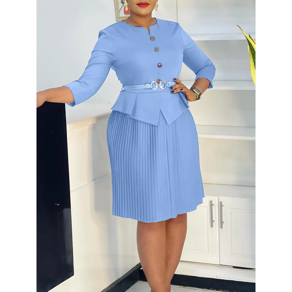 Plus Size 2-Piece Formal Wear Set, Elegant Light Blue Belted Peplum Blazer with 3/4 Sleeves & Pleated Midi Dress for Office, Accessories, Blazer Top, Long Sleeve, Chic, Lady, Skirt, Button Fasten