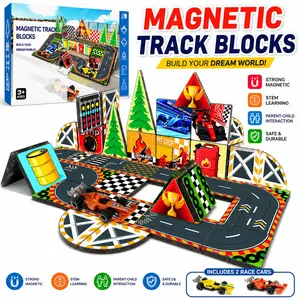 Magnetic Track Blocks Race Set for Kids, Stem Building Toys, DIY Race Track Playset, Educational Magnetic Tiles, Safe Durable Gift 3+