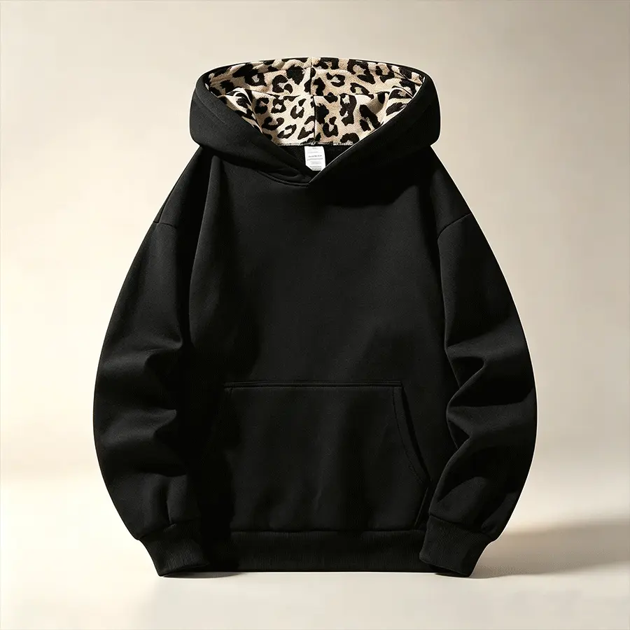Retro leopard print color-blocked hooded pullover and cardigan sweatshirt collection, available in half-zip and full-zip options with various fits, ribbed hem cuffs, comfortable breathable fabric, unisex, suitable for going out, trendy styling, and layeri