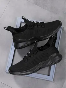 Men's One-piece Fly Knit Mesh Sneakers, Lightweight Soft Cushion Breathable Running Shoes, Versatile Daily Commute Casual Male Footwear