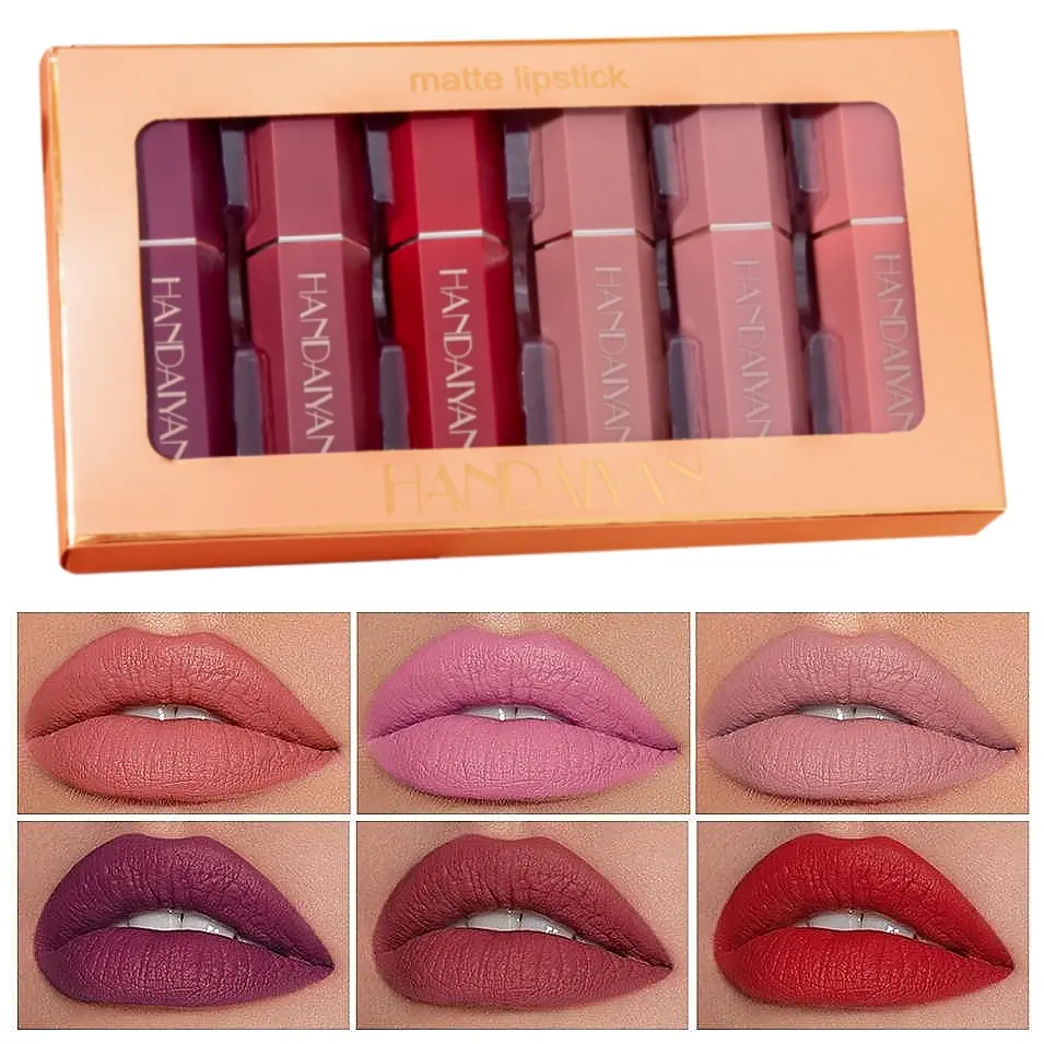 HANDAIYAN 6Pcs Assorted Colors Lipstick & Lip Gloss Set - Lip Care Moisturizer, Hydrating, Vibrant Shades, Long-Lasting, Creamy Texture, Soft, Watermelon Flavored, Glossy Finish, Gift Box Included for Makeup Routine & Glowing Makeup