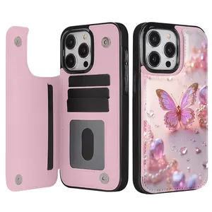 Beautiful Pink Butterfly Jewelry Design Pattern Leather Card Holder Phone Case,for iPhone 17 Pro Max Phone Case 17 Air 16 15 Plus 14 13 12 , Samsung Galaxy S25 ULTRA FE Plus S22 S23 FE S24 Plus shell soft mobile accessory protective cute gift
