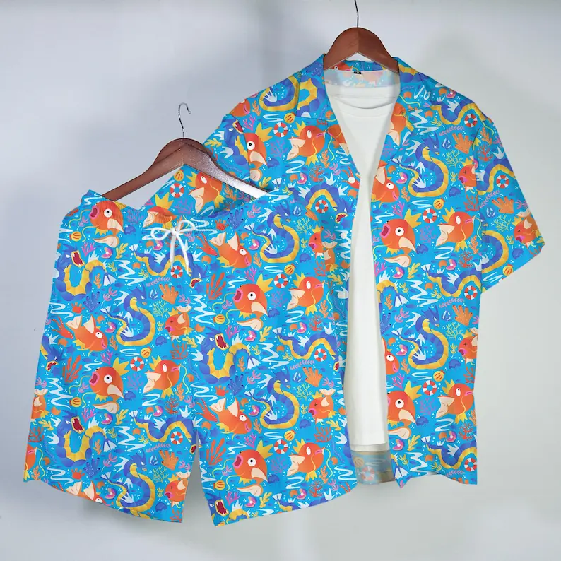 Magikarp Gyarados Hawaiian Shirt Tropical Button Up Shirt Summer Beach Short Ocean Pattern Matching Set Unisex Outfit Magikarp Shirt Gifts