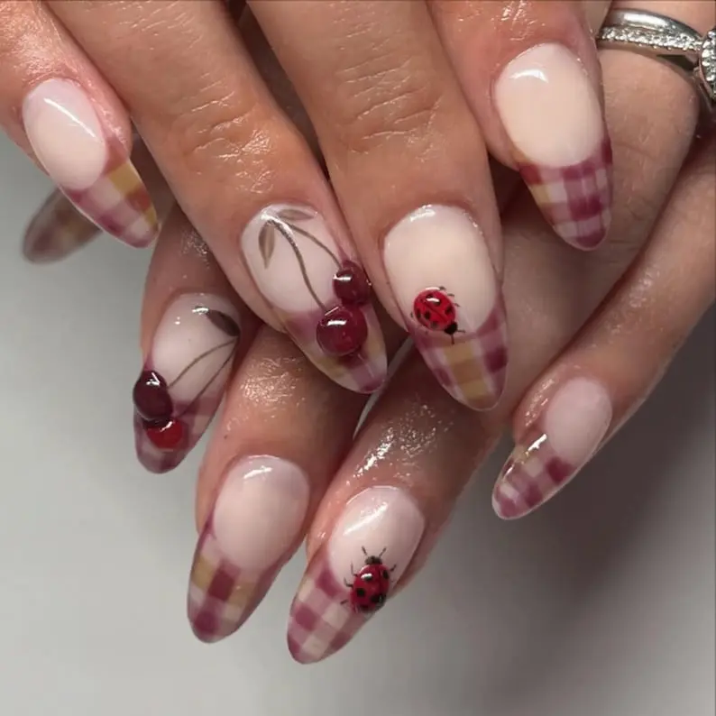 Cherry Picnic Press On Nails | Hand-Painted Plaid Tips with Ladybugs & Fruit Art | Summer Picnic Nail Set | Nature-Inspired Nails | DC318H