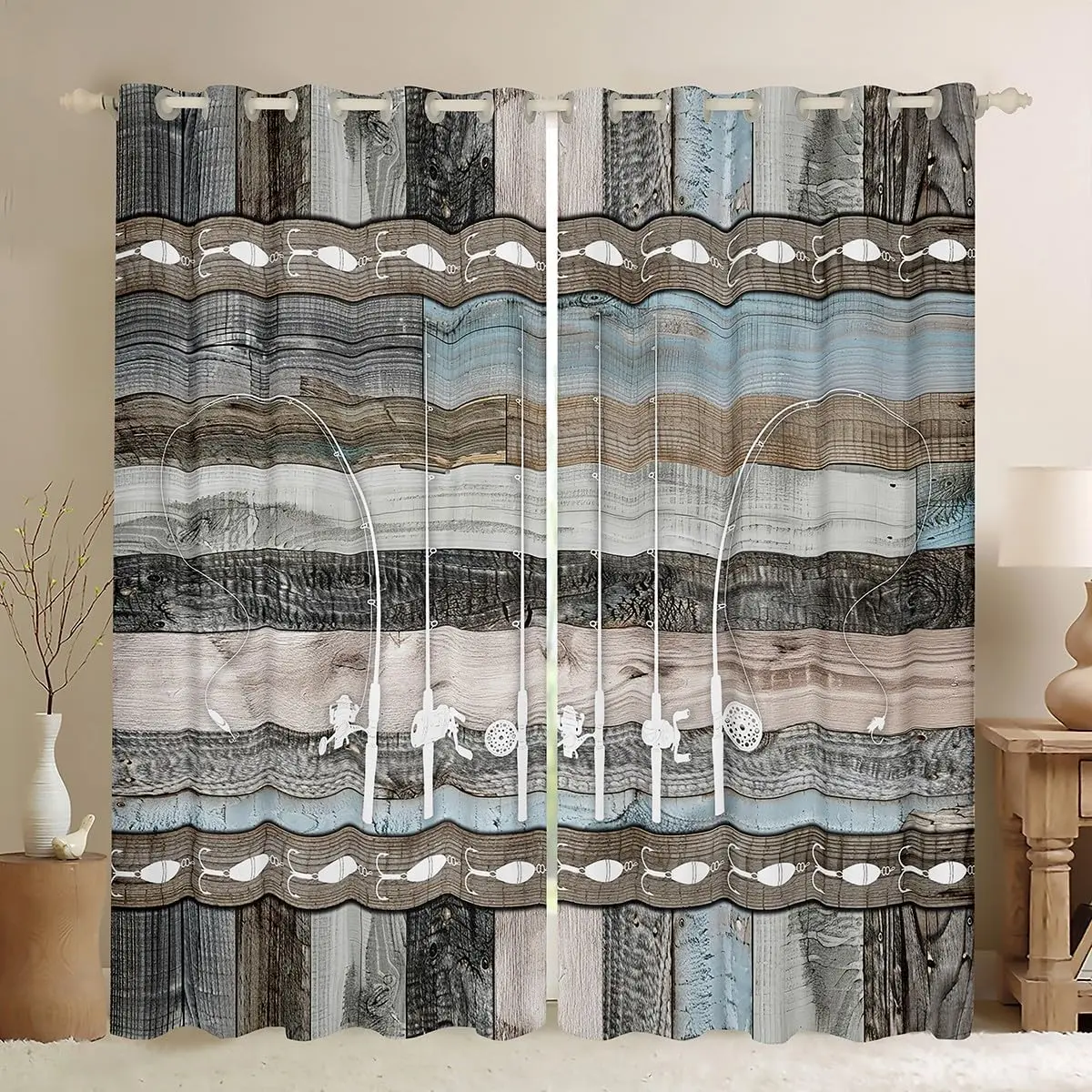Feelyou Velvet Blackout Curtains - 2 Panels Multi-Size Home Decoration Curtains, Privacy Grommet Top, Fish Print, Retro Patchwork, Wood Fishhook, Ice Fishing Themed Rustic Gift for Fishermen, Home Decoration Curtain, Privacy Grommet Curtains