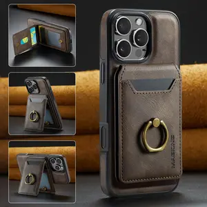 2-in-1 MagSafe wireless charging ring leather magnetic card bag can be used as a stand phone case Casing for iPhone 17 Pro Max 17 Air 16 Pro Max 15 14 Plus 13 12 11 Pro Max all inclusive anti fall protective cover Handheld