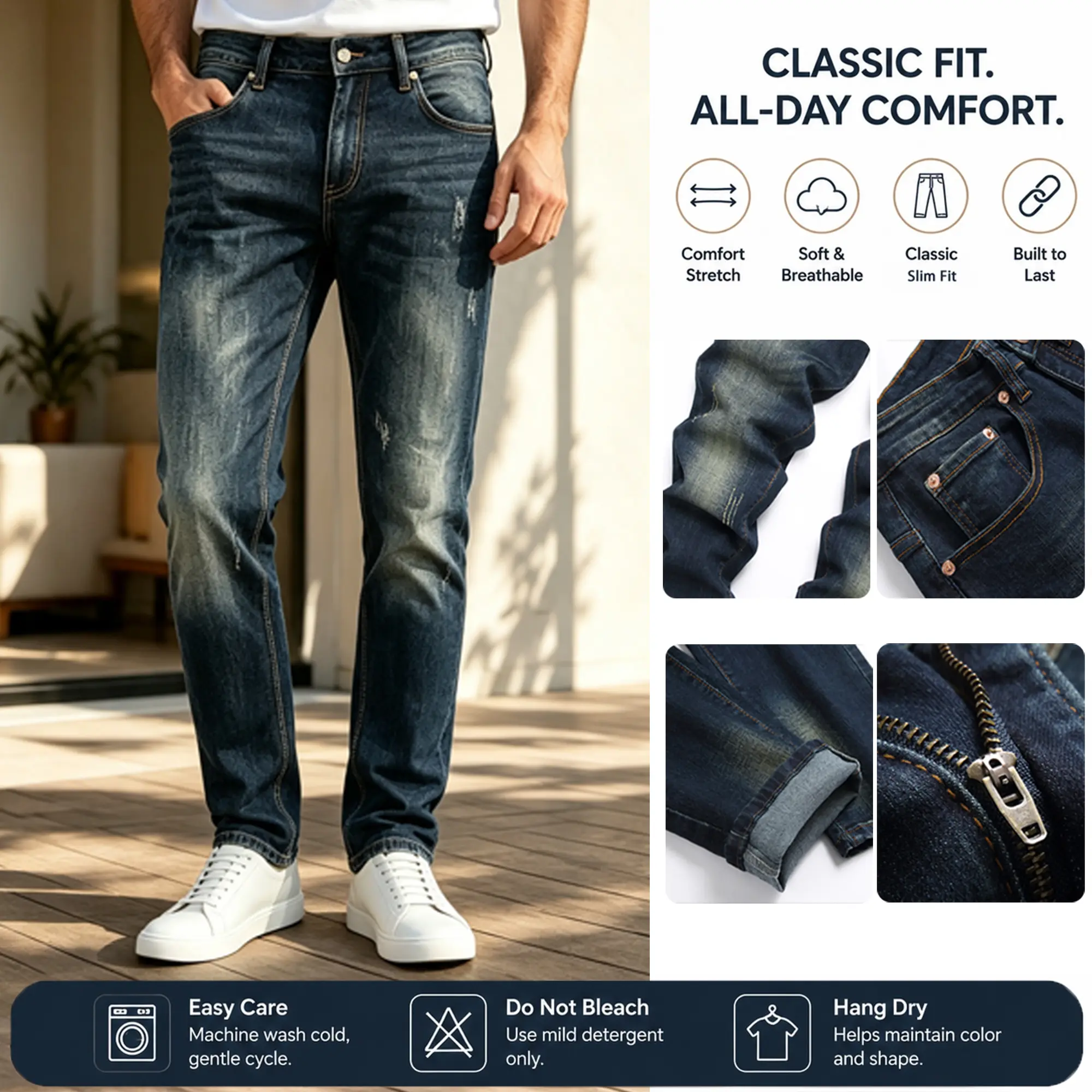 JUNBAOSS Men's Distressed Slim‑Fit Jean, Classic Straight Leg Stretch Cotton Denim Pants, 5 Pockets Zipper Button Closure, Hipster Streetwear Fashion Mens Trousers for Holiday Daily Wear Slim Jeans casual comfort stylish plain slim-fit skinny menswear