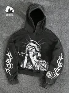 Men's Vintage Washed Cotton Fitted Long Sleeve Hoodie, Letter Pattern Hoodies, Streetwear Casual Spring Summer Unique Design, Perfect for Daily Wear and Outdoor Activities, Menswear, Sweatshirts