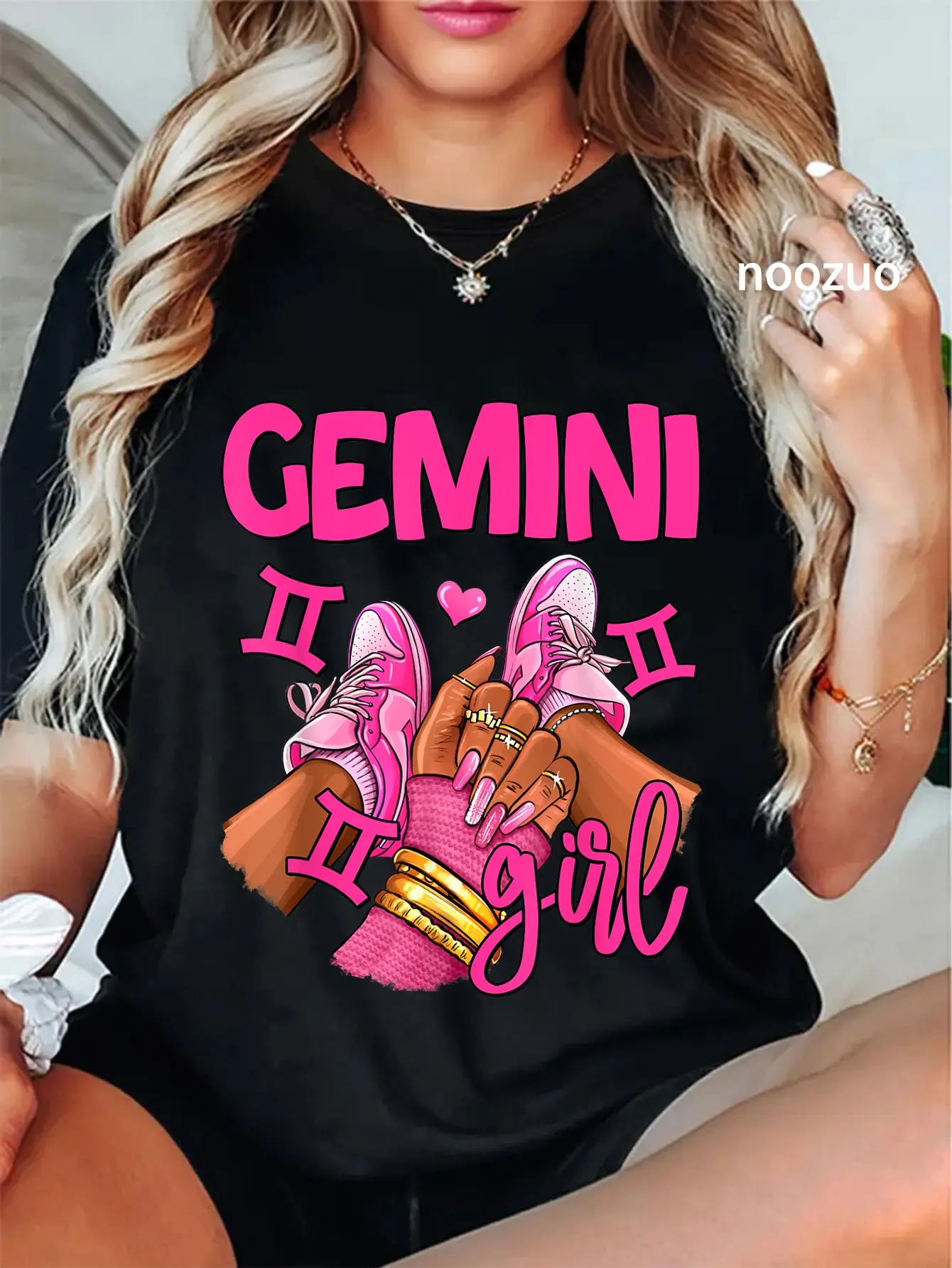 Women's 100% Cotton Short-Sleeve Casual Gemini Zodiac Graphic T-Shirt - Birthday Queen Women's Top, Lady Streetwear Everyday Wear, Shortsleeve, Tshirt, Birthday Graphic Women's T-Shirts