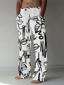 Men's Casual Fashion Art - Graffiti Wide - Leg Pants, White - Based Black Abstract Patterns, Drawstring Waist Design, High - Quality Polyester Fabric, Artistic Details Create a Trendy Casual Image for Stylish Men Menswear Motocross