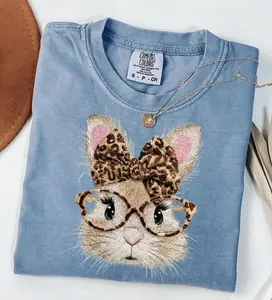 Retro Happy Easter Bunny Comfort Colors Shirt, Coquette Leopard Bunny T-Shirt, Spring Women Tee, Trendy Easter Day Gift