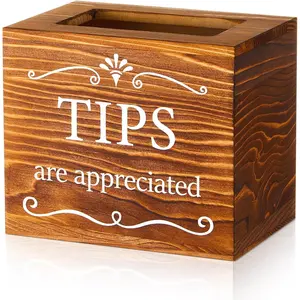 Wooden Tips Jar Tip Collection Box 6 x 4 x 5 Inch Donation Bucket Money Coin Storage Container Suggestion Box Raffle Cash Box for Bartender Restaurants Bars Musicians Driver(Burnt Wood)