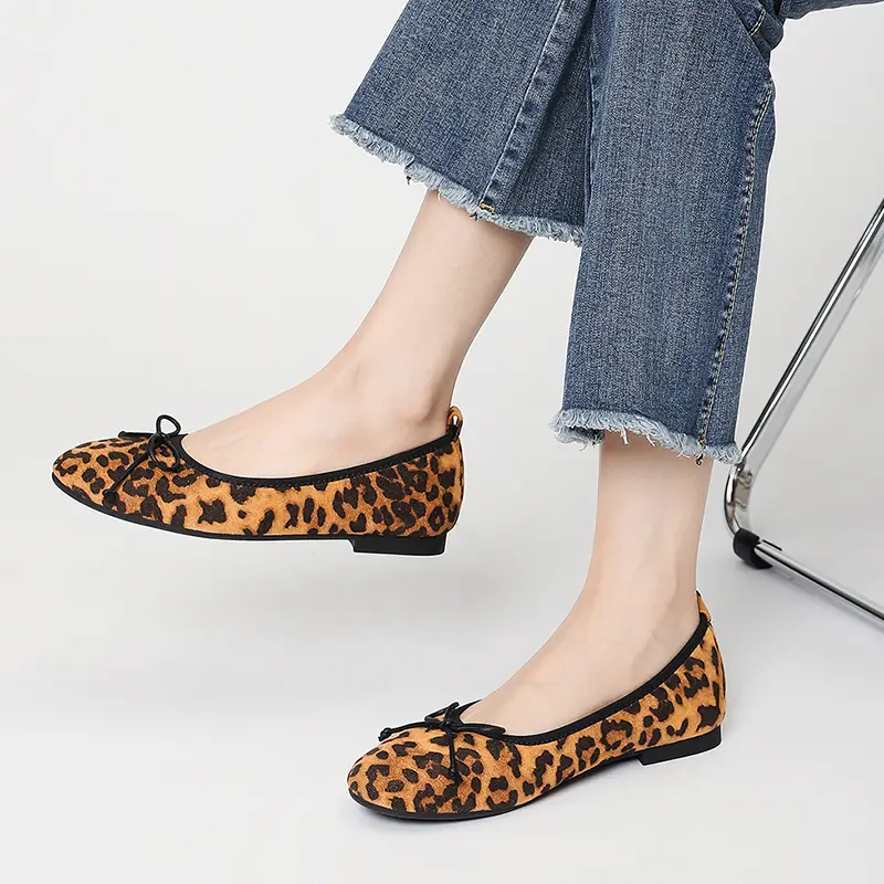 CushHide Women's Leopard Print Suede Slip-On Ballet Flats with Bow, Round Toe, Rubber Sole, Breathable Lightweight Casual Wear Footwear, Suede Upper