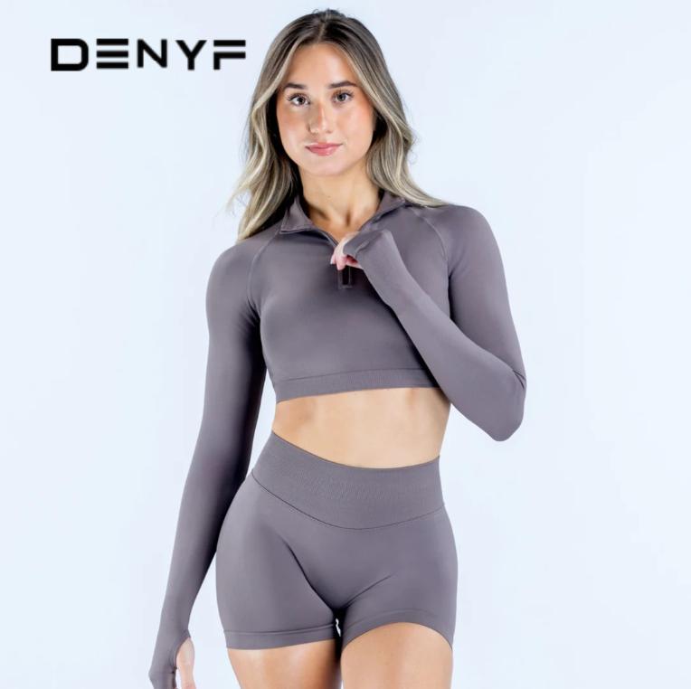 Women's 2 Piece Seamless Workout Set, Half Zip Long Sleeve Crop Top + High Waist Biker Shorts for Yoga Gym Fitness