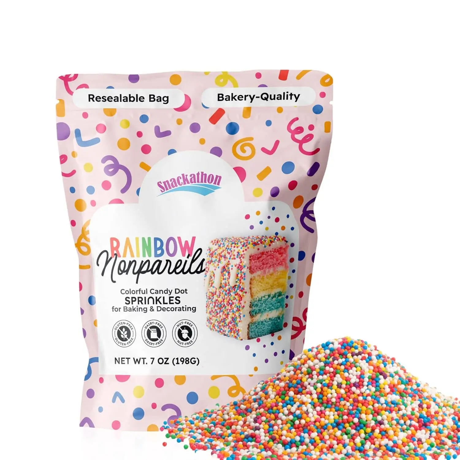 Snackathon Sprinkles for Baking & Decorating, Rainbow Nonpareils, Resealable Bag – Colorful Candy Dot Toppings for Cupcakes, Birthday Cakes, Cookies, Ice Cream & Desserts