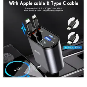 Retractable Car Charger, 100W 4 in 1 Super Fast Charge Car Phone Charger,Retractable Cables (31.5 inch) and 2 USB Ports Car Charger Adapter for iPhone 15/14/13/12 Pro Max XR,iPad,Samsung,Pixel Smartphone Charging Mobile Electronic Cellphone Devices Cord