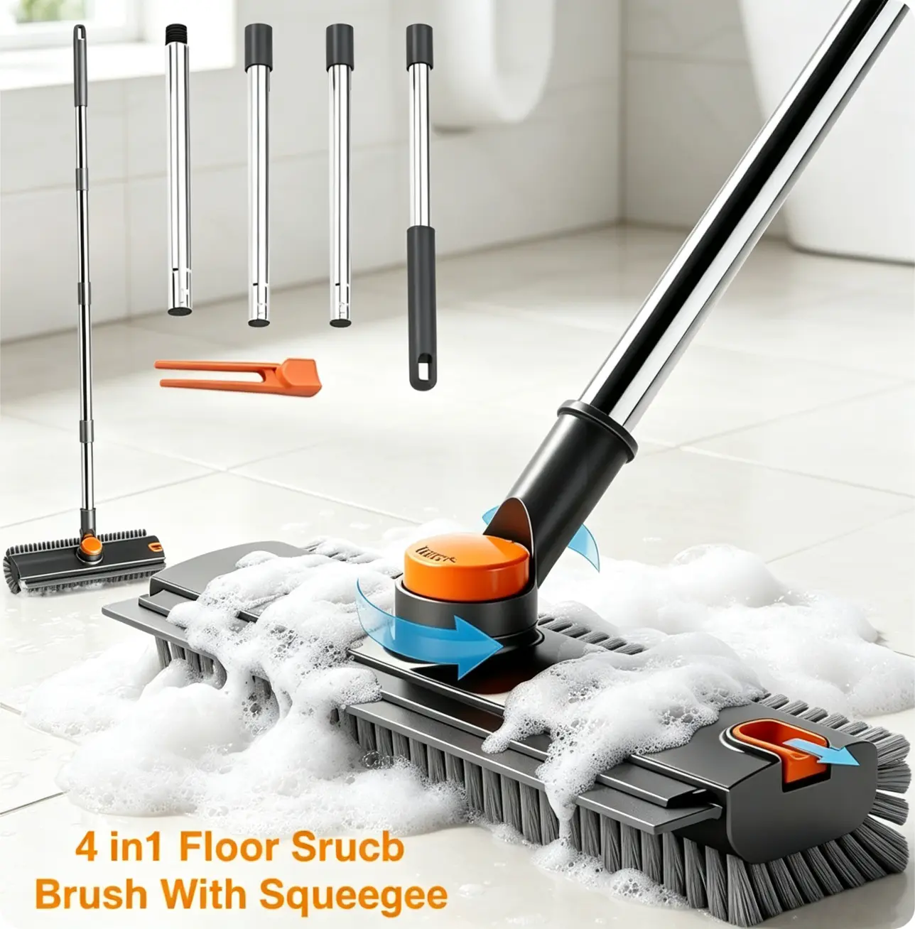 Charcoal Grey 4-in-1 Multifunction Magic Broom Push Broom Outdoor, Adjustable Stainless Steel Long Pole Cleaning Supply, Heavy-Duty Stiff Bristles Home Cleaning Tool, 360° Rotatable Head with Squeegee & Debris Tweezer for Indoor/Outdoor Use